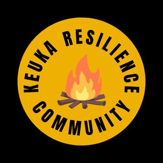 A logo which reads "Keuka Resilience Community," displaying a campfire, with a yellow and black background.